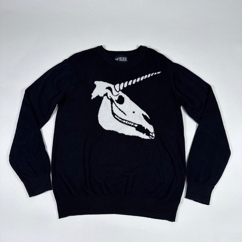 Rude Sweater Mens Large Black Unicorn Skull Graphic Knit Goth Emo Punk